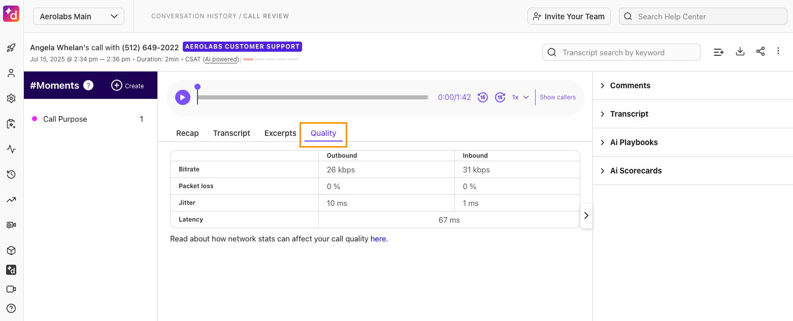Dialpad Call Review Quality tab presenting network metrics graphs for bitrate, packet loss, jitter, and latency.