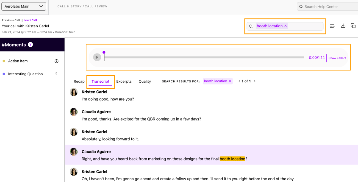 Dialpad Call Transcript tab showing speaker-attributed text, timestamped audio scrubber controls.