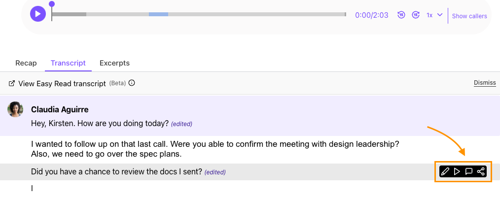 Dialpad Call Transcript tab showing speaker-attributed text, timestamped audio scrubber controls, and the hover menu to edit or comment.