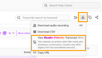 Dialpad Transcript download drop-down menu showing the "View Reader-Friendly Transcript" option.