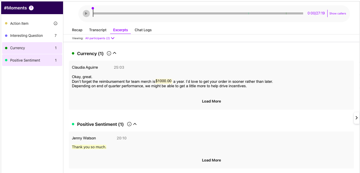 Dialpad Moments sidebar displaying categorized call insights such as Action Items, Sentiment, and Call Purpose with expandable text excerpts.