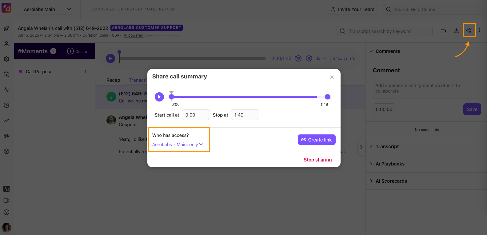 Dialpad Share Call Summary dialog box showing access permission settings (Company vs. Anyone with link) and the "Copy Link" button.