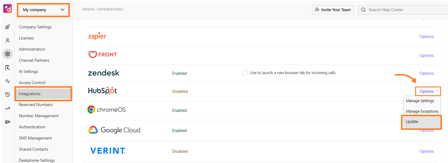 Screenshot of the Dialpad Admin Integrations page, featuring orange boxes highlighting 'My company' and 'Integrations' in the left menu, and an orange arrow pointing to 'Update' selected under the HubSpot Options dropdown.