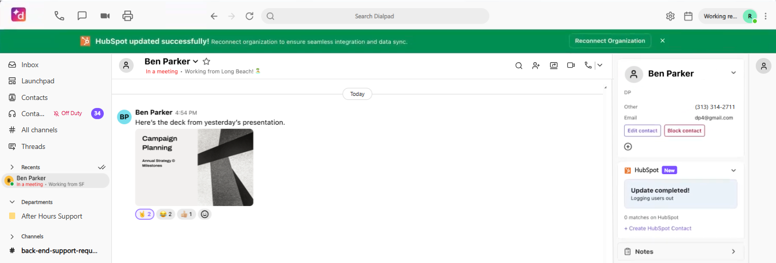 Screenshot of the Dialpad desktop app showing a green success banner at the top prompting to reconnect the organization after updating HubSpot, alongside an 'Update completed!' notice in the right-hand sidebar.