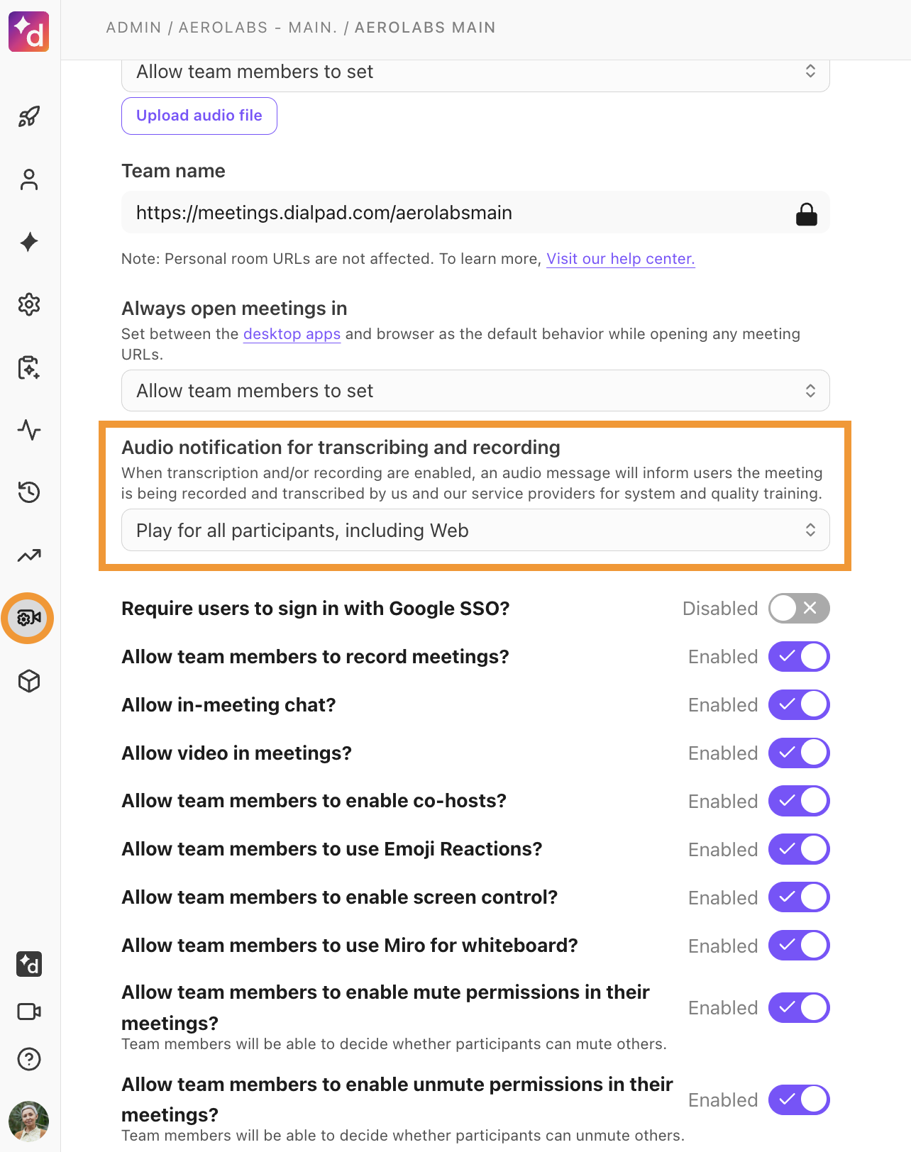 options for audio notification for transcribing and recording
