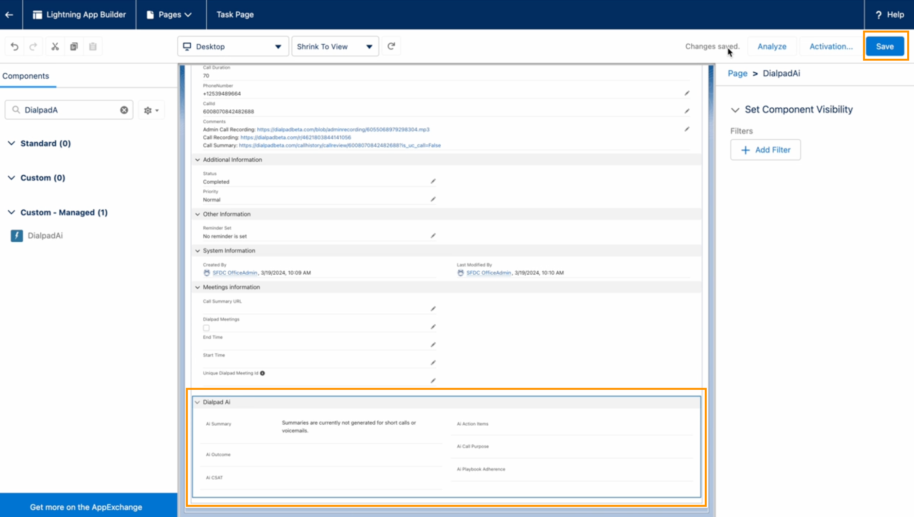 Screenshot of the Salesforce Lightning App Builder page showing the Dialpad Ai component added to the bottom of the Task layout, highlighted in an orange box, with the blue 'Save' button highlighted in the top-right corner.