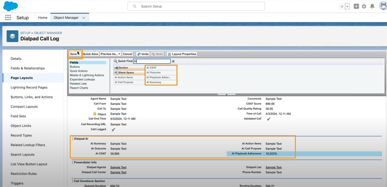 Screenshot of the Salesforce Page Layout editor for Dialpad Call Log, featuring orange boxes highlighting the 'Save' button, selected AI fields in the top palette, and the newly added 'Dialpad AI' section within the layout.