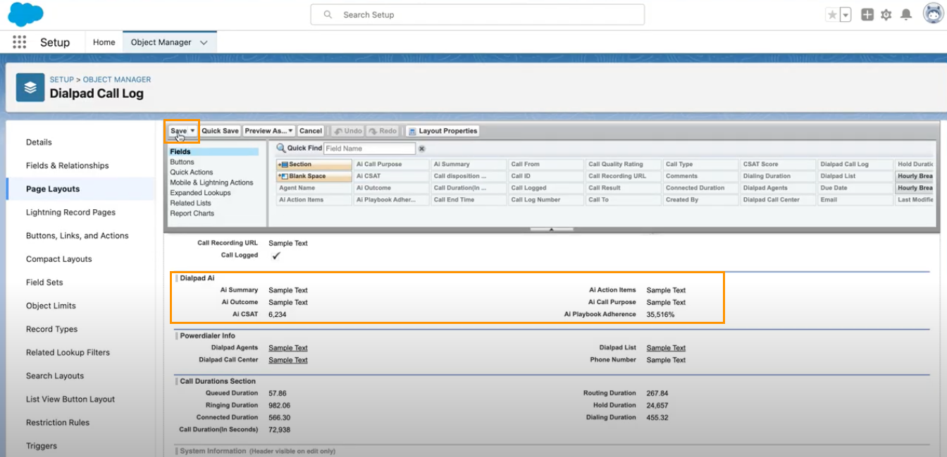 Screenshot of the Salesforce Page Layout editor for Dialpad Call Log, featuring orange boxes highlighting the 'Save' button in the top palette and the 'Dialpad AI' section displayed within the page layout.