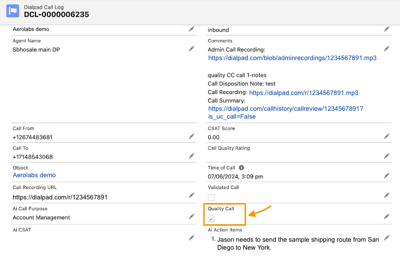 Screenshot of a Salesforce Dialpad Call Log record featuring an orange arrow pointing to a checked 'Quality Call' checkbox highlighted in an orange box.