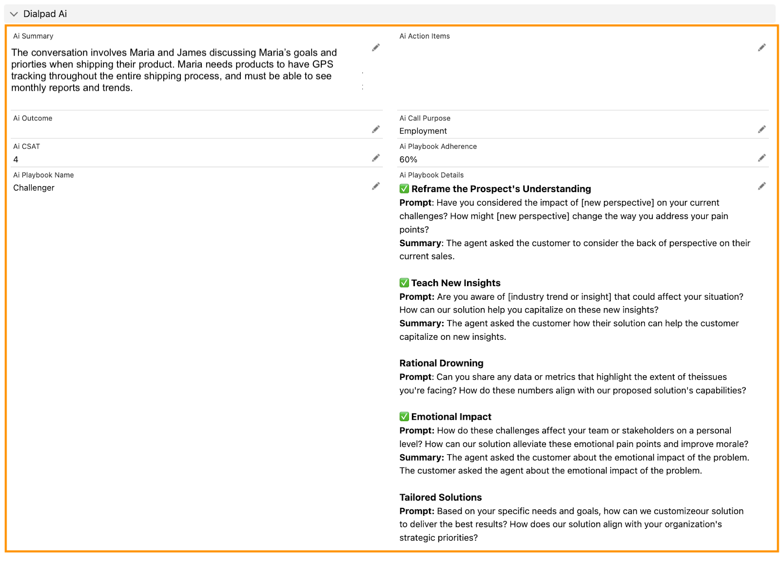 Screenshot of a Dialpad Ai log panel enclosed in an orange border, displaying metrics such as AI Summary, CSAT score, Playbook Adherence percentage, and detailed Playbook execution steps.