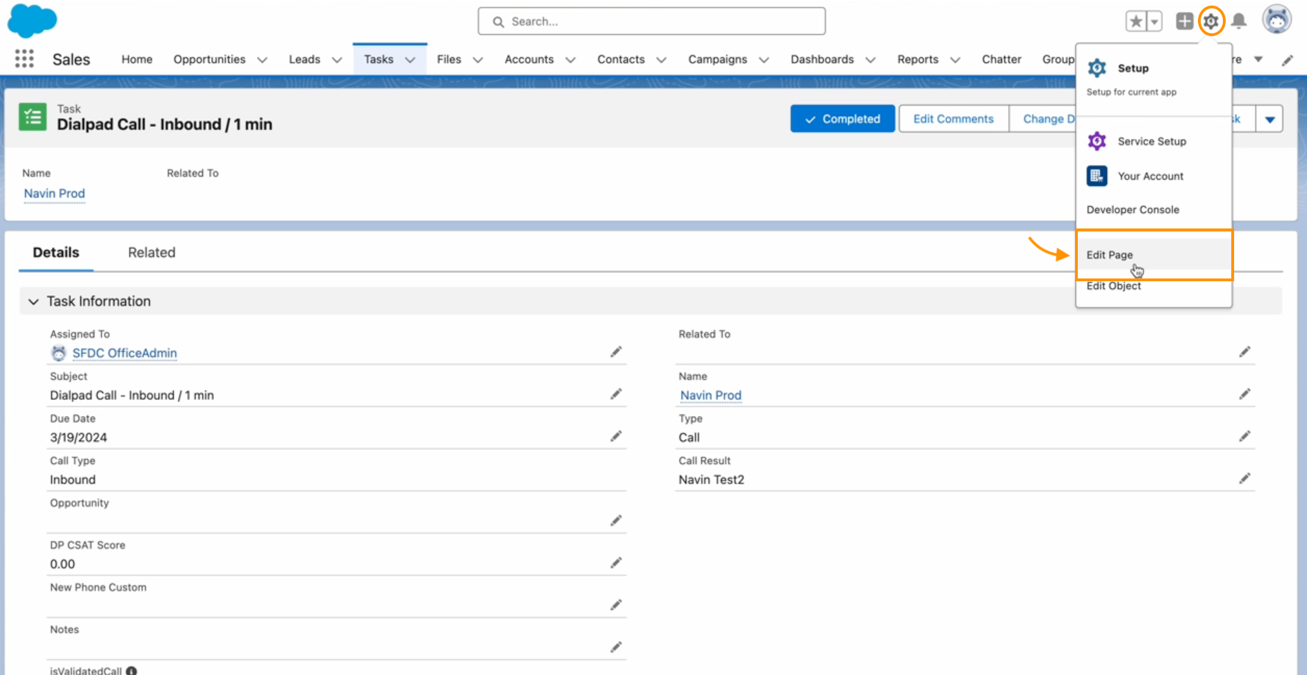 Screenshot of a Salesforce Task record page showing the Setup gear icon menu in the top-right corner, with an orange arrow pointing to 'Edit Page' highlighted inside an orange box.