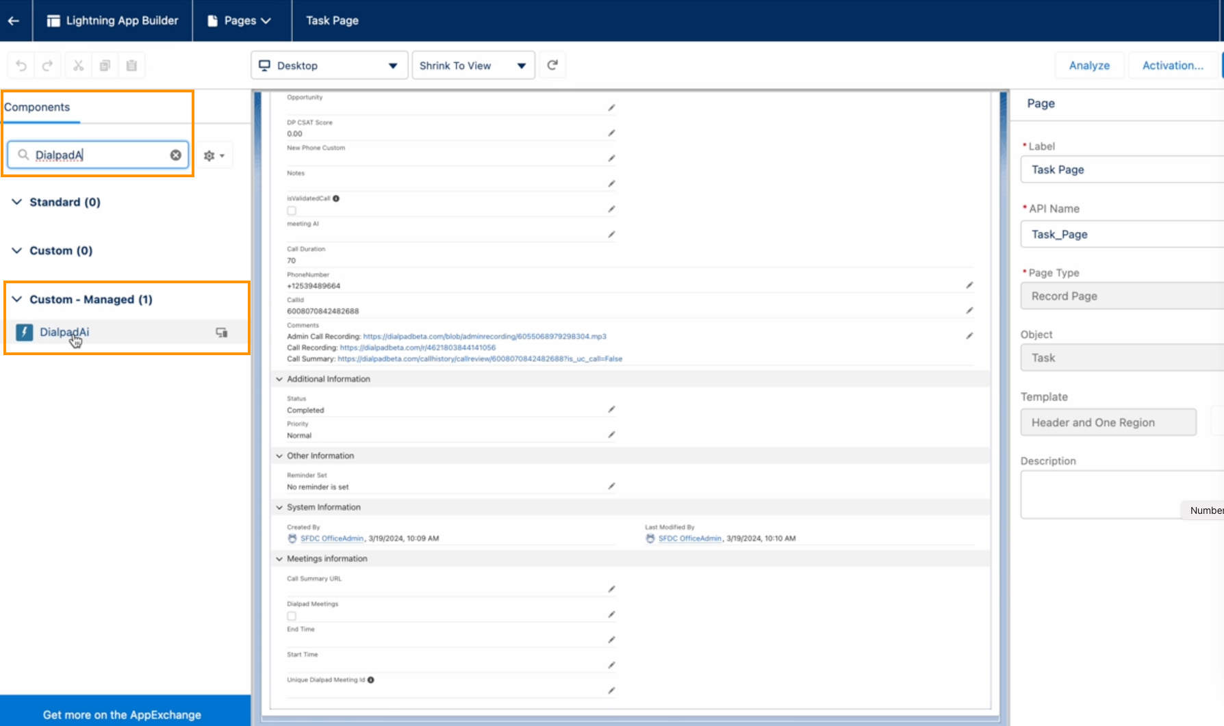 Screenshot of the Salesforce Lightning App Builder interface, featuring orange boxes highlighting the search field with 'DialpadAi' typed under Components on the left, and the 'DialpadAi' component selected under the 'Custom - Managed' section.