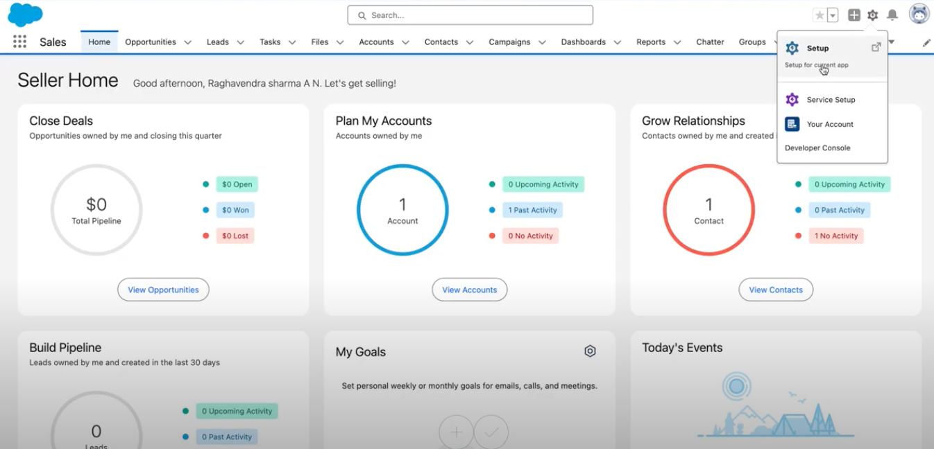 Screenshot of the Salesforce Lightning Seller Home page showing the Setup gear icon menu opened in the top-right corner with 'Setup' highlighted.