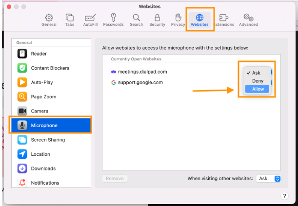 safari browser permission