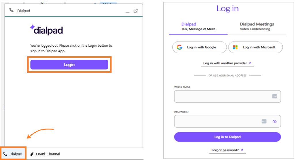 Screenshot of the Dialpad CTI widget in Salesforce Lightning on the left, featuring an orange box highlighting 'Dialpad' in the utility bar and the purple 'Login' button, alongside the Dialpad sign-in page on the right.