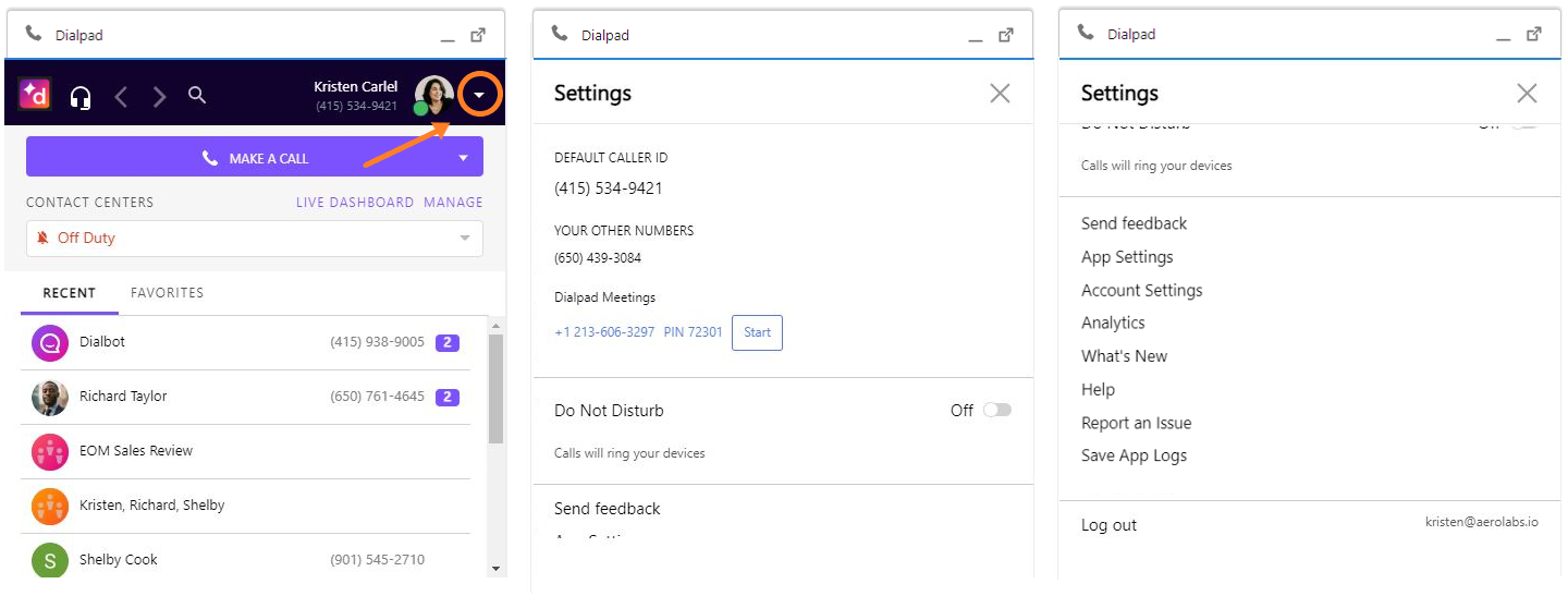 Screenshot of the Dialpad CTI widget panel showing an orange arrow pointing to a circle highlighting the drop-down arrow next to the user avatar, alongside two panels displaying the expanded CTI settings menu options.
