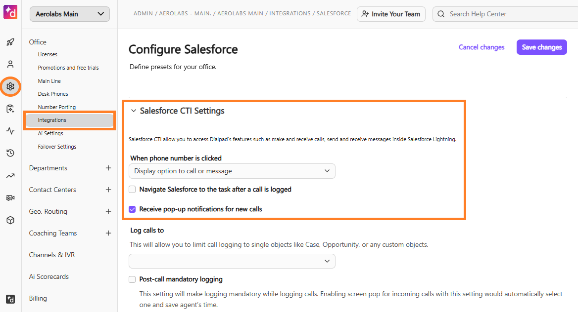 Screenshot of the Dialpad admin panel on the Configure Salesforce page, featuring orange boxes highlighting the gear icon and 'Integrations' tab on the left menu, and the expanded 'Salesforce CTI Settings' section on the right.