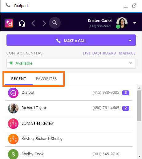 Screenshot of the Dialpad CTI widget featuring an orange box highlighting the 'RECENT' and 'FAVORITES' tabs above a list of recent contacts.