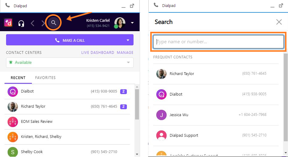 Screenshot of the Dialpad CTI widget displaying an orange arrow pointing to a circle highlighting the magnifying glass search icon on the left, alongside the search panel on the right with an orange box highlighting the 'Type name or number...' text input field.