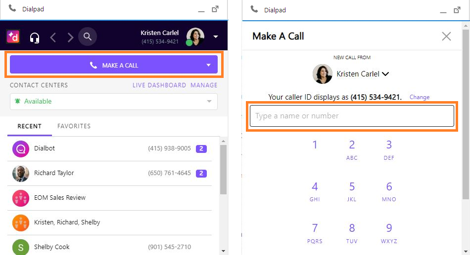 Screenshot of the Dialpad CTI widget in Salesforce showing the purple 'MAKE A CALL' button highlighted in an orange box on the left, alongside the dial pad interface on the right with an orange box highlighting the 'Type a name or number' input field.