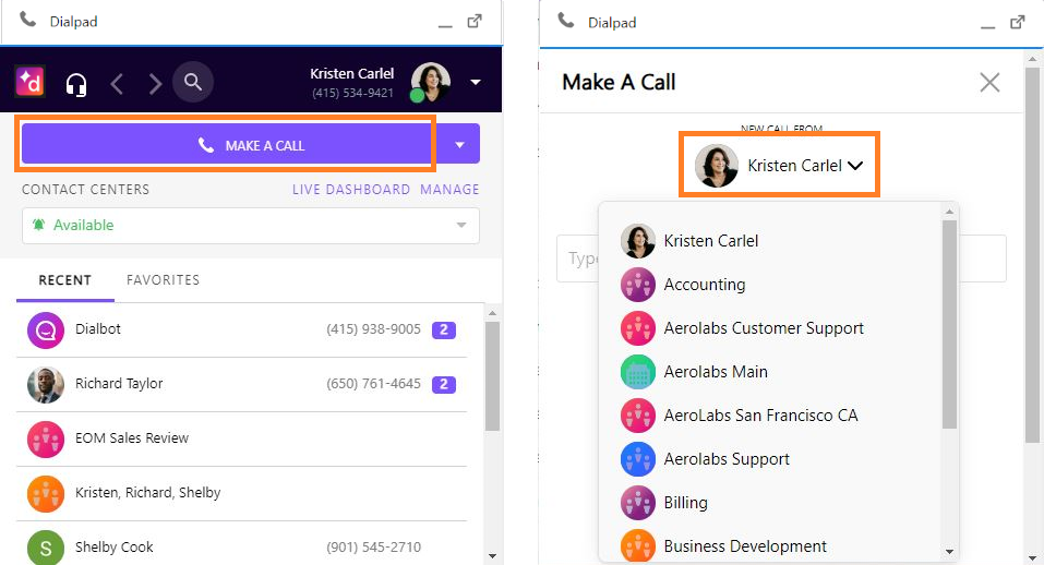 Screenshot of the Dialpad CTI widget in Salesforce with an orange box highlighting 'MAKE A CALL' on the left, alongside the dialer page on the right with an orange box highlighting the expanded 'NEW CALL FROM' drop-down menu for selecting outbound caller ID.