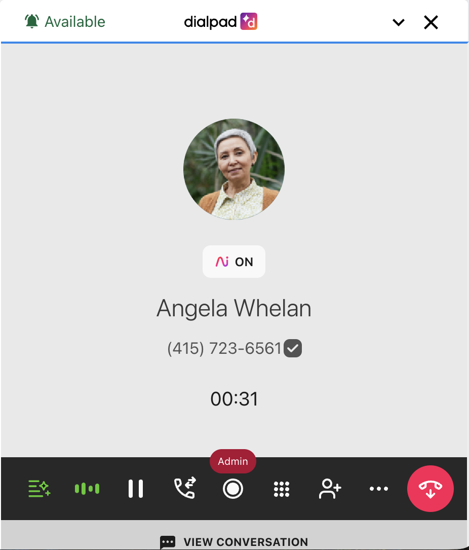 Screenshot of an active call in the Dialpad CTI widget with the call control bar highlighted, showing the circular record button located in the center next to the Admin label.