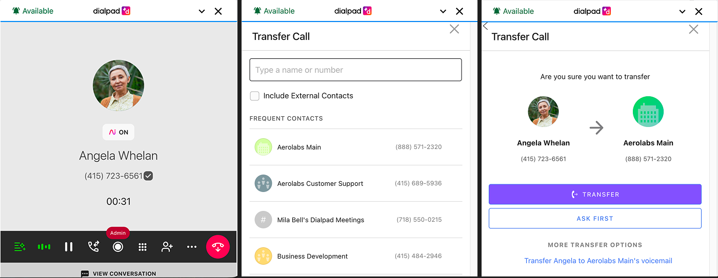 Screenshot of the call transfer process in the Dialpad CTI widget, showing three sequential screens: active call controls on the left, recipient search on the middle screen, and options to select 'TRANSFER' or 'ASK FIRST' on the right.