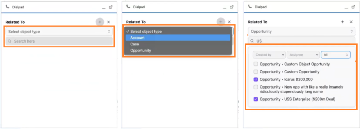 Screenshot of the Dialpad CTI widget displaying three steps for relating calls to objects, featuring orange boxes highlighting the 'Select object type' field, the object selection drop-down menu, and the filtered object results list.