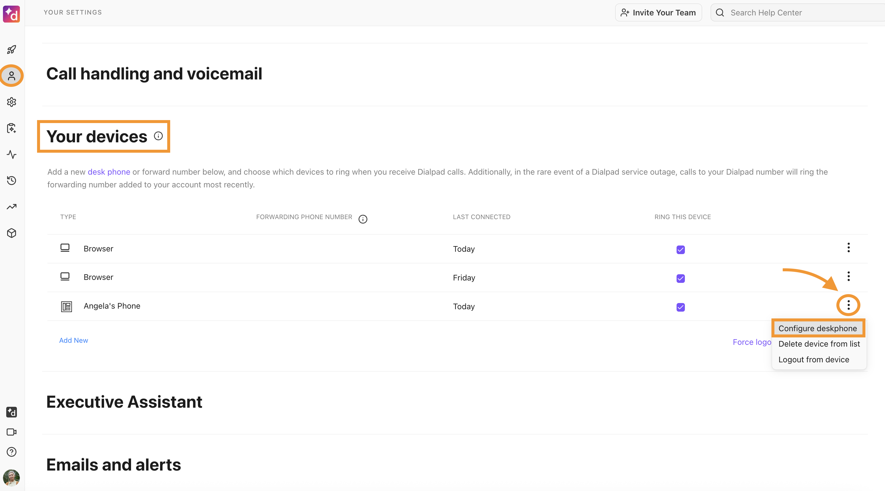User settings page, showing the Devices for that user. The Configure Deskphone option is highlighted.