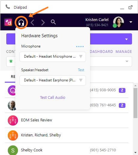 Screenshot of the Dialpad CTI widget showing an orange arrow pointing to a circle highlighting the headset icon, with the Hardware Settings popup displayed below showing drop-down menus for Microphone and Speaker/Headset selection.