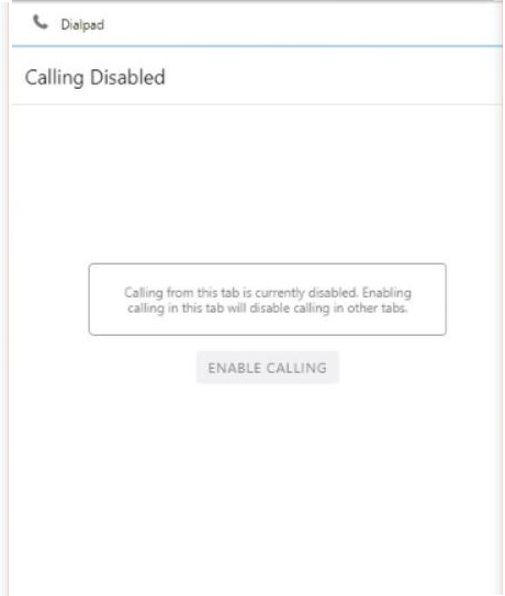 Screenshot of the Dialpad CTI widget displaying a 'Calling Disabled' notice with an 'ENABLE CALLING' button to activate calling in the current browser tab.