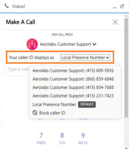 Screenshot of the Dialpad CTI widget featuring an orange box highlighting the expanded 'Your caller ID displays as' drop-down menu for choosing a specific phone number or caller ID setting.