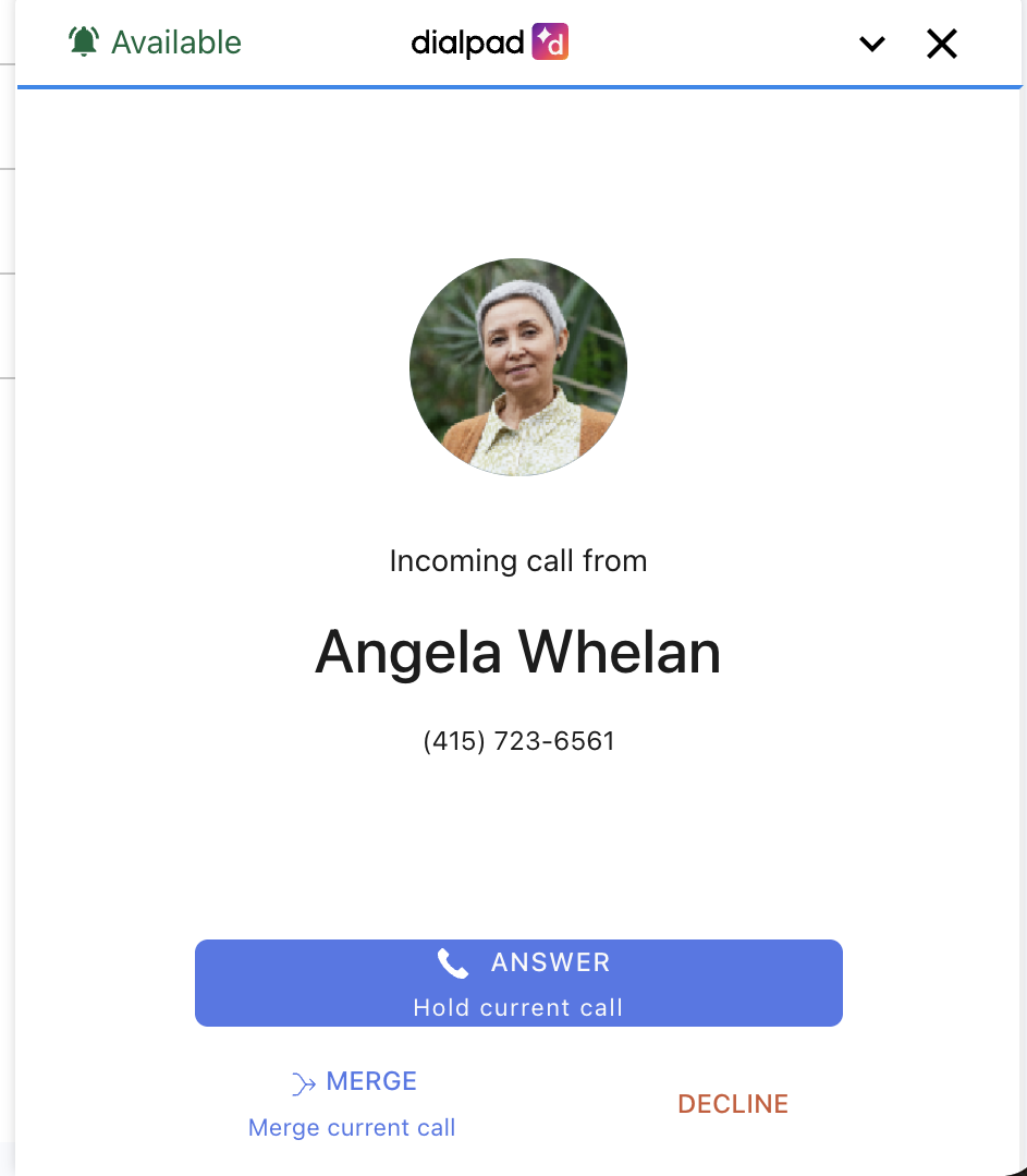 Screenshot of an incoming call notification during an active call in the Dialpad CTI widget, displaying options to 'ANSWER' (Hold current call), 'MERGE' (Merge current call), or 'DECLINE'.