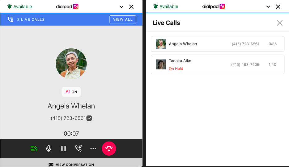 Screenshot of the Dialpad CTI widget displaying an active call with a top banner showing '2 LIVE CALLS' and a 'VIEW ALL' button on the left panel, alongside the 'Live Calls' panel on the right listing the active and held calls.