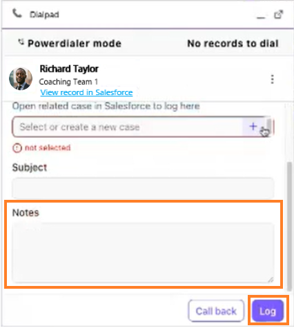 Screenshot of the Dialpad CTI call logging interface with orange boxes highlighting the 'Notes' text field and the purple 'Log' button at the bottom right.