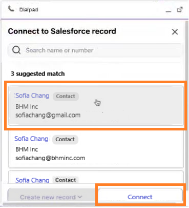 Screenshot of the Dialpad CTI panel showing suggested contact matches, with orange boxes highlighting a selected contact record and the 'Connect' button at the bottom.