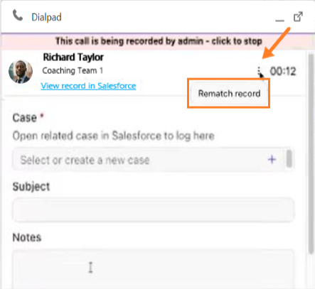 Screenshot of the Dialpad CTI panel during a call, showing an orange arrow pointing to the three-dot options menu next to an orange box highlighting the 'Rematch record' option.