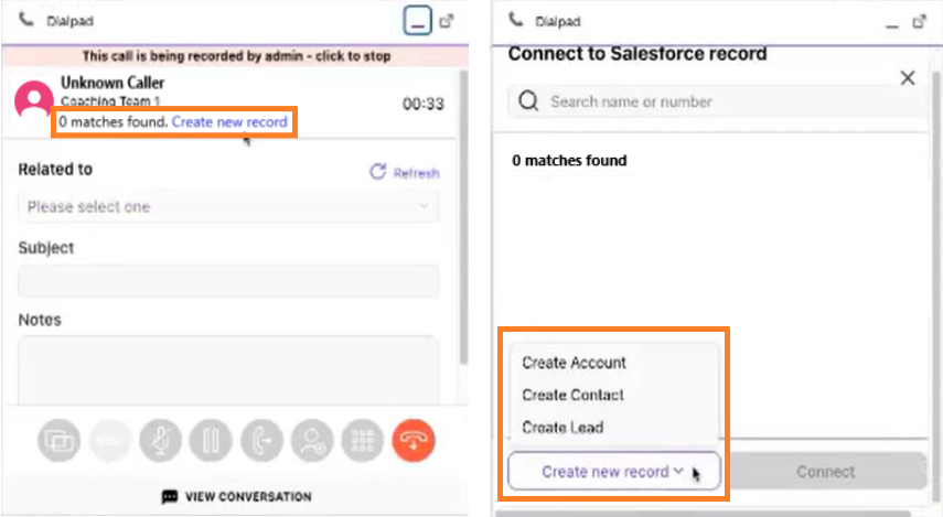 Screenshot of the Dialpad CTI panel displaying options for an unknown caller, featuring orange boxes highlighting the 'Create new record' link on the left screen and the expanded menu with options to 'Create Account', 'Create Contact', or 'Create Lead' on the right screen.