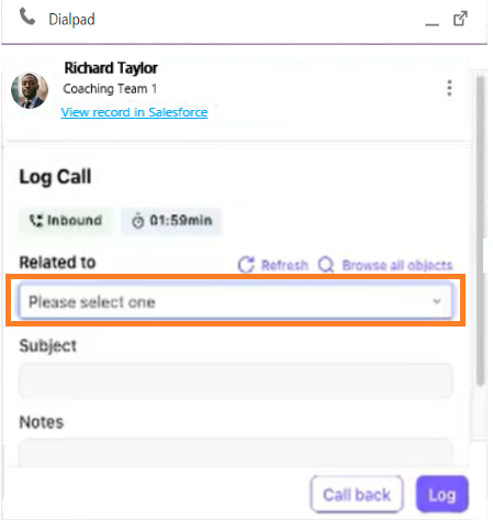 Screenshot of the Dialpad CTI 'Log Call' panel with an orange box highlighting the 'Related to' drop-down menu for associating a call with Salesforce objects.