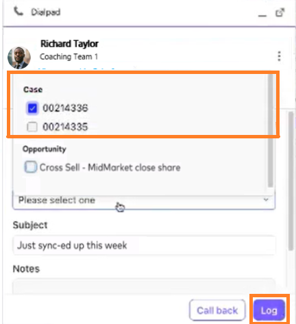 Screenshot of the Dialpad CTI call logging interface with orange boxes highlighting the expanded 'Case' selection list within the 'Relate to' drop-down and the purple 'Log' button.