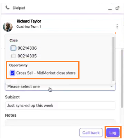 Screenshot of the Dialpad CTI call logging interface with orange boxes highlighting the expanded 'Opportunity' selection section and the purple 'Log' button.