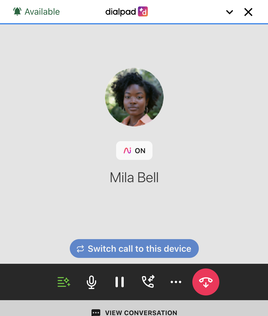 Screenshot of the Dialpad CTI widget with a blue 'Switch call to this device' button displayed above the lower call controls bar.