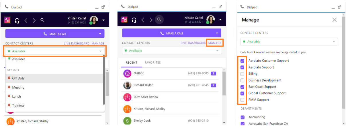 Screenshot of managing Contact Center status in the Dialpad CTI widget across three panels, featuring orange boxes highlighting the global status drop-down menu on the left, the 'MANAGE' button in the center, and the individual Contact Center checkboxes on the right.