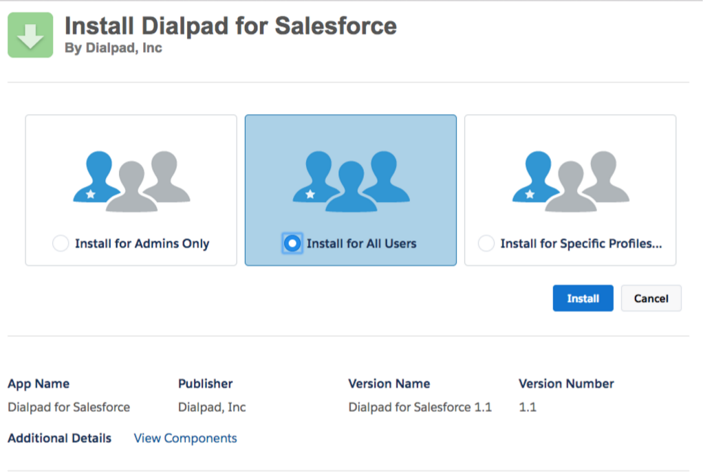 Screenshot of the 'Install Dialpad for Salesforce' page displaying installation options, with 'Install for All Users' selected and the blue 'Install' button at the bottom right.