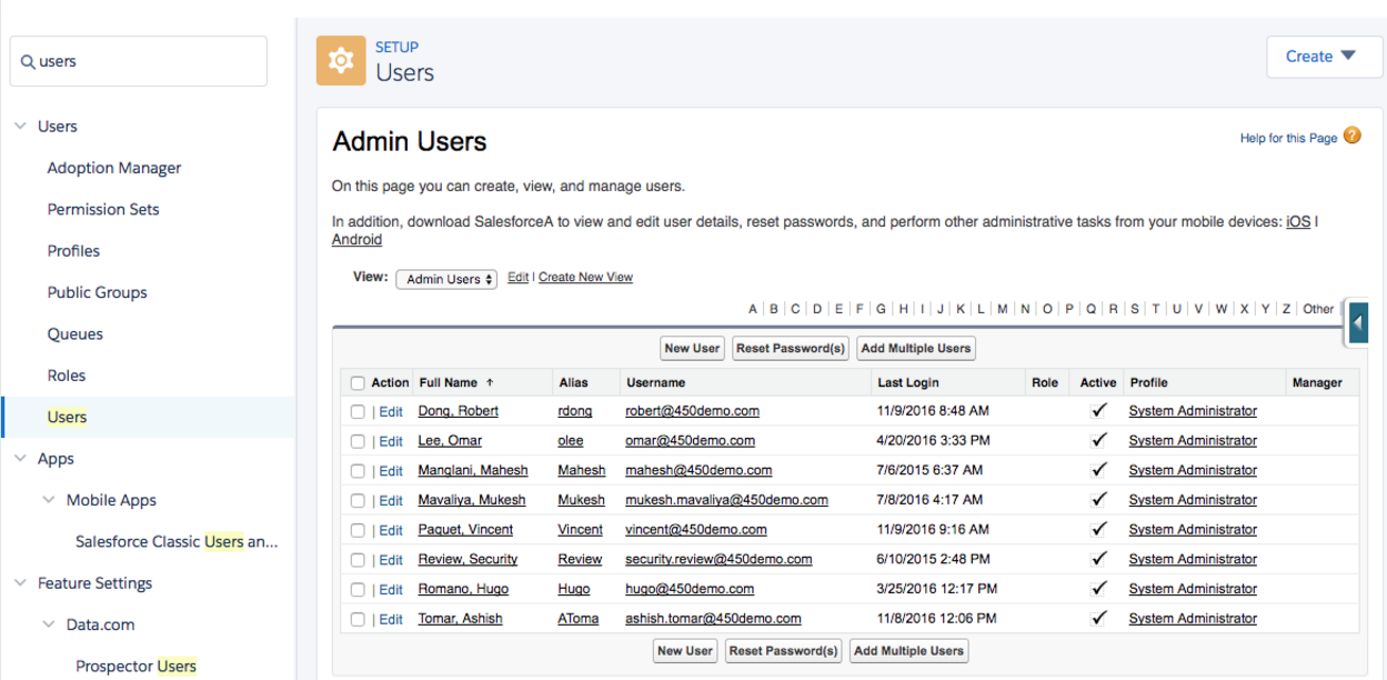 Screenshot of the Salesforce Users setup page displaying a list of admin users with checkboxes next to their names for managing user access.