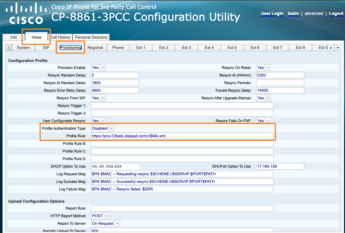 Provisioning tab in the Cisco UI