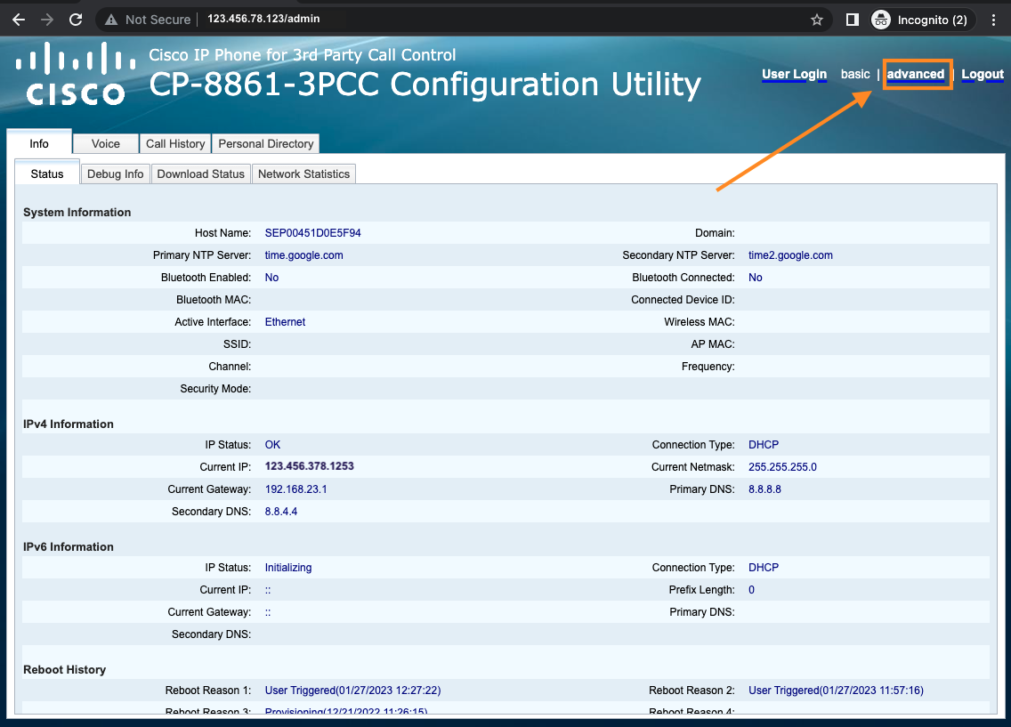 Advanced option in the Cisco UI