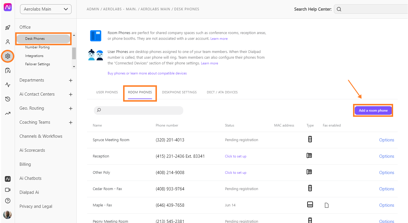 User Phones section with options to add and manage desk phones for team members.
