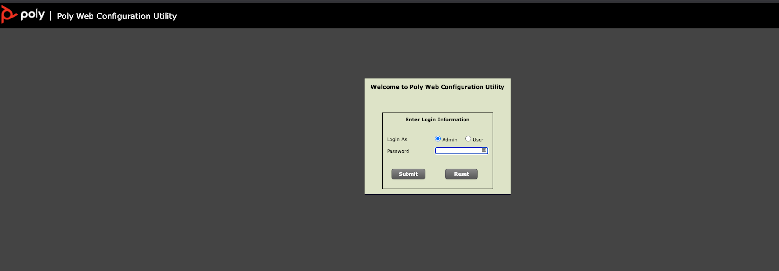Poly UCS UI login page