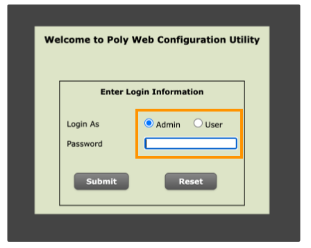 Login screen for Poly Web Configuration Utility with fields for Admin and User access.